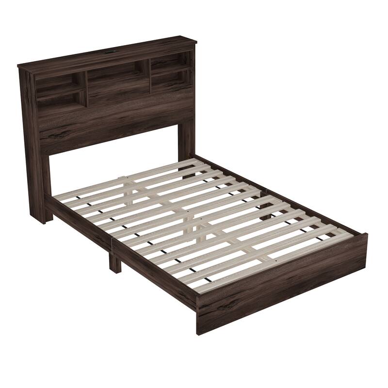 Wood Platform Bed Frame, 2 USB Ports & 2 Sockets on Storage Headboard Bookcase Bed, Panel Bed Bedroom
