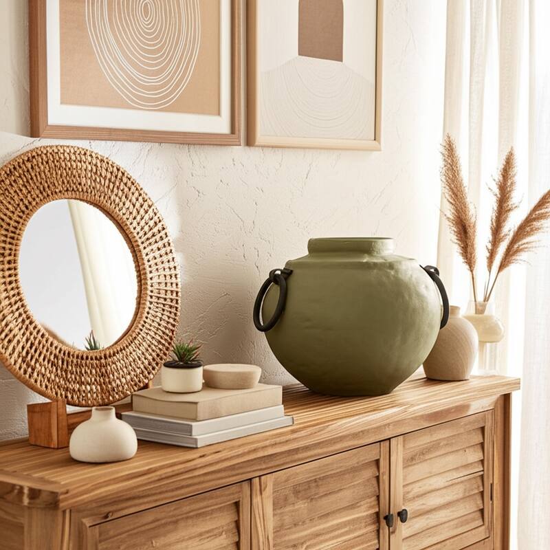 Pottery Ecomix Vase with Handles Modern Boho Style Versatile Display - Green