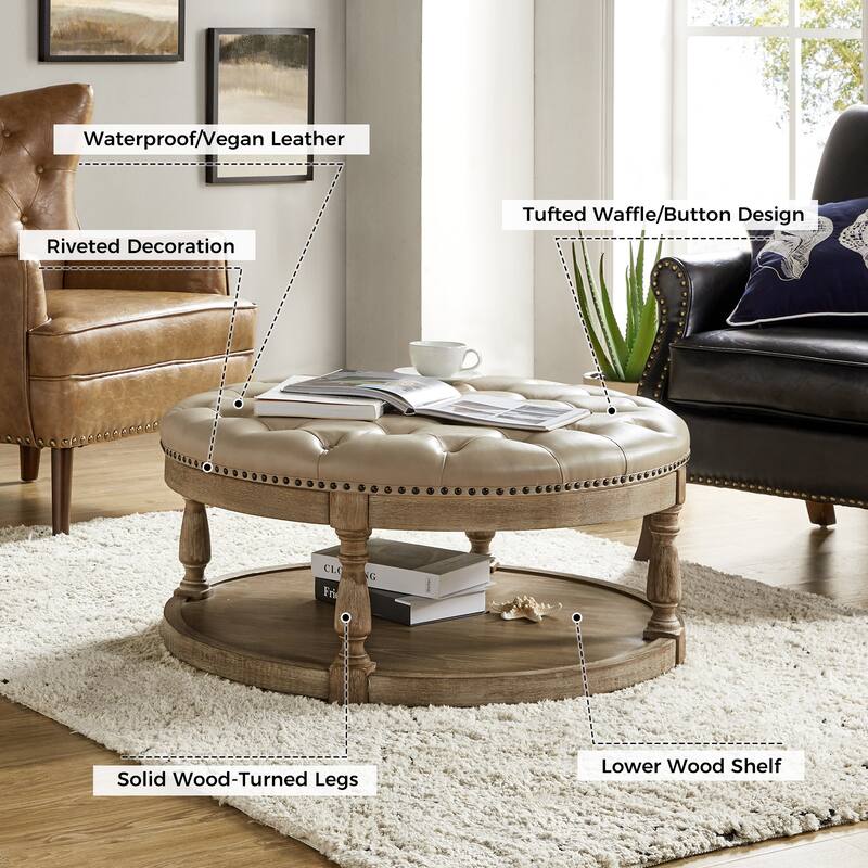 Dulcie Traditional Cocktail Vegan Leather Ottoman with Solid Wood Legs by HULALA HOME
