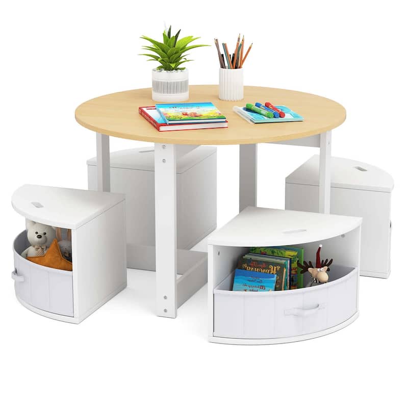 5 PCS Kids Table & Chairs Wooden Round Desk w/4 Storage Stools Set - Natural+ White