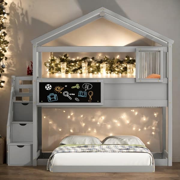 slide 2 of 19, Twin Over Full Bunk Bed With Storage Staircase And Blackboard for Bedroom Grey