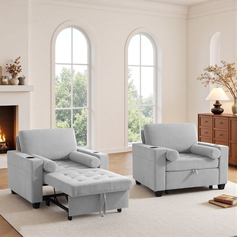 2 Set Convertible Adjustable Lounge 3-in-1 Pull-Out Sleeper Chair Bed - Light Grey
