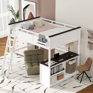 Queen Size Loft Bed with Built-in Desk, Storage Box, Open Shelves and USB Charging Station, Space-Saving Wooden Loft Bed Frame
