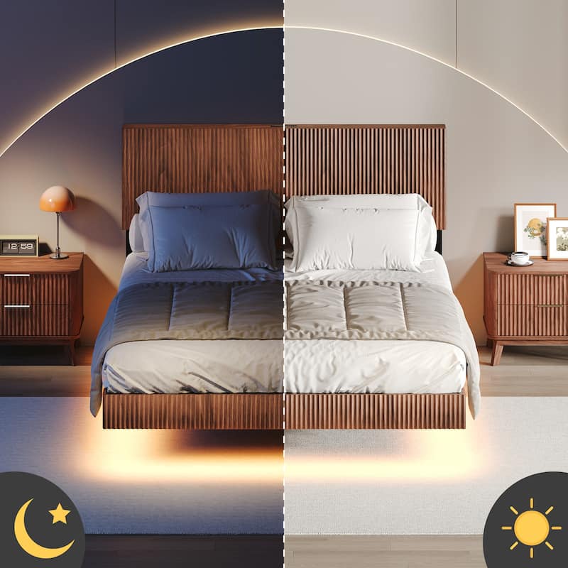 Walnut Queen Floating Bedstead, With Charging Station And Led Lights, Wavy Headboard, With Heavy Metal Flat Noodles