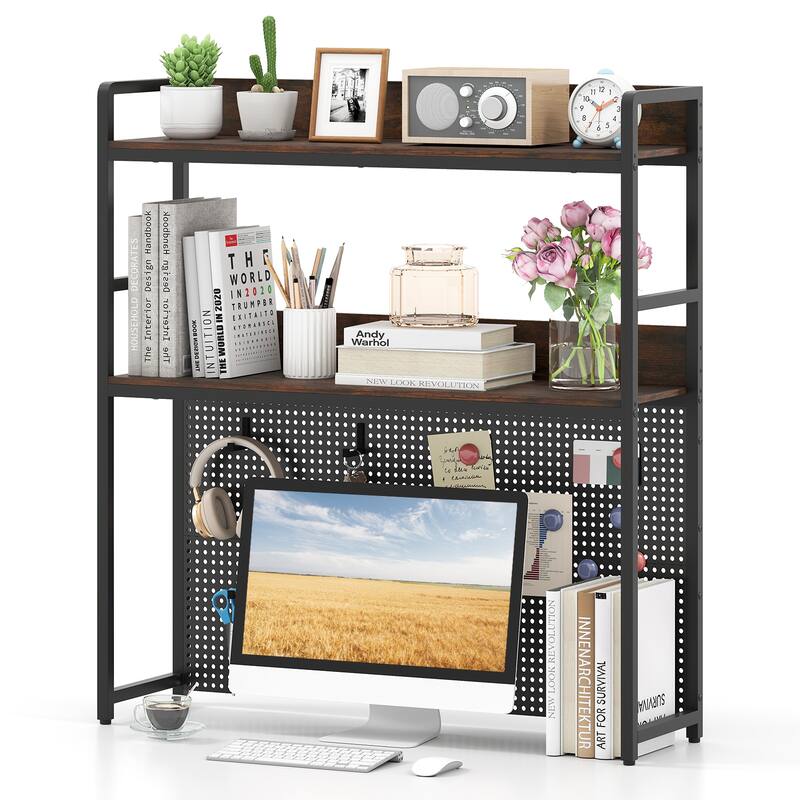 Gymax 2-Tier Countertop Desktop Bookshelf w/ Metal Pegboard 2 - Brown