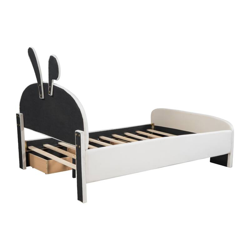 Velvet platform bed with stylized headboard