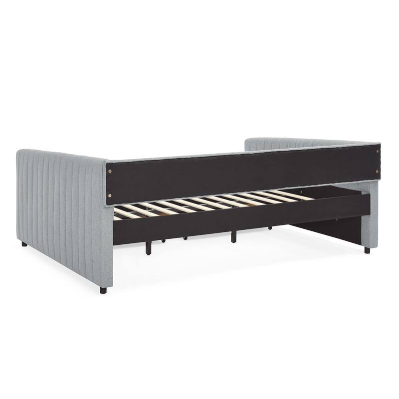 Queen Size Linen Upholstered Daybed with 2 Storage Drawers and Trundle