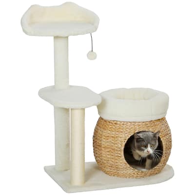PawHut 31" Cat Tree, Cat Tower for Indoor Cats with Sisal Scratching Posts, Cat Condo, Cat Beds, Cream White