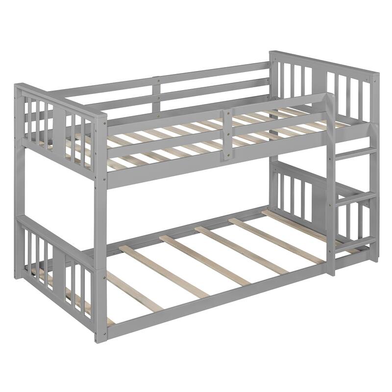 Twin Over Twin Floor Bunk Bed with Ladder, Solid Wood Bunk Bed Frame with Full-Length Guardrail, Detachable into 2 Separate Beds