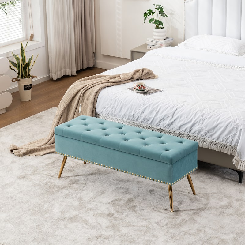 Velvet Storage Ottoman Bench with gold legs and Nailhead Trim for Bedroom/End of Bed/Entryway/Window