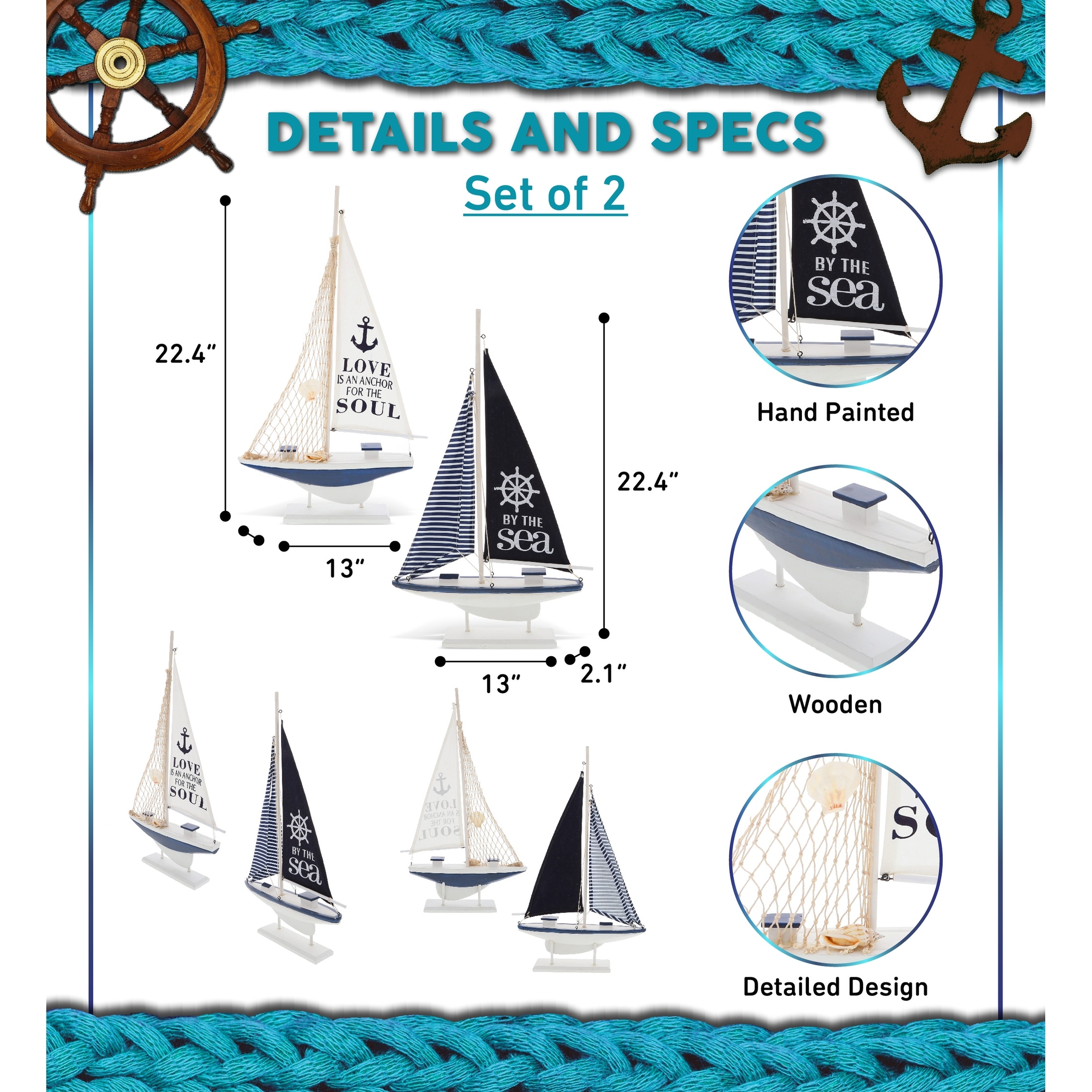 CoTa Global Ocean Blue Sailboat Decor Set of 2 - Handmade Wooden