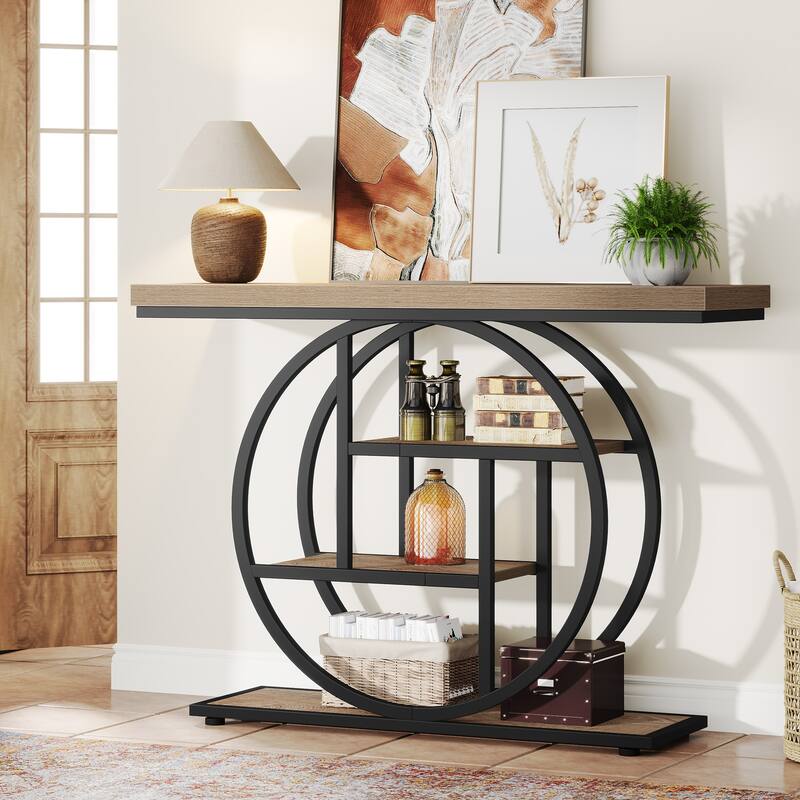 Console Table for Entryway, Industrial 4-Tier Sofa Table Behind Couch - Light Brown