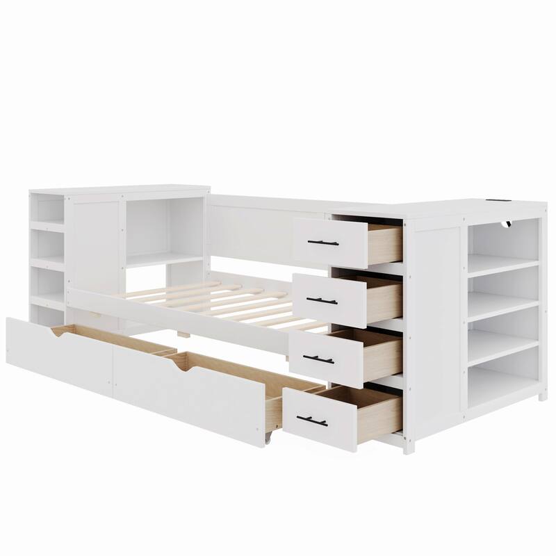 White Twin Daybed with Desk - Storage Bed with Shelves, Drawers & Charging Station