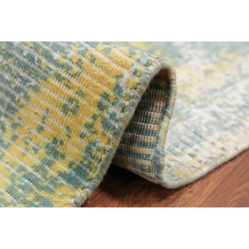 Hand Knotted Oriental Viscose Silk Carpet Modern All-Over Green Abstract Area Rug - 4' 0'' X 2' 0''