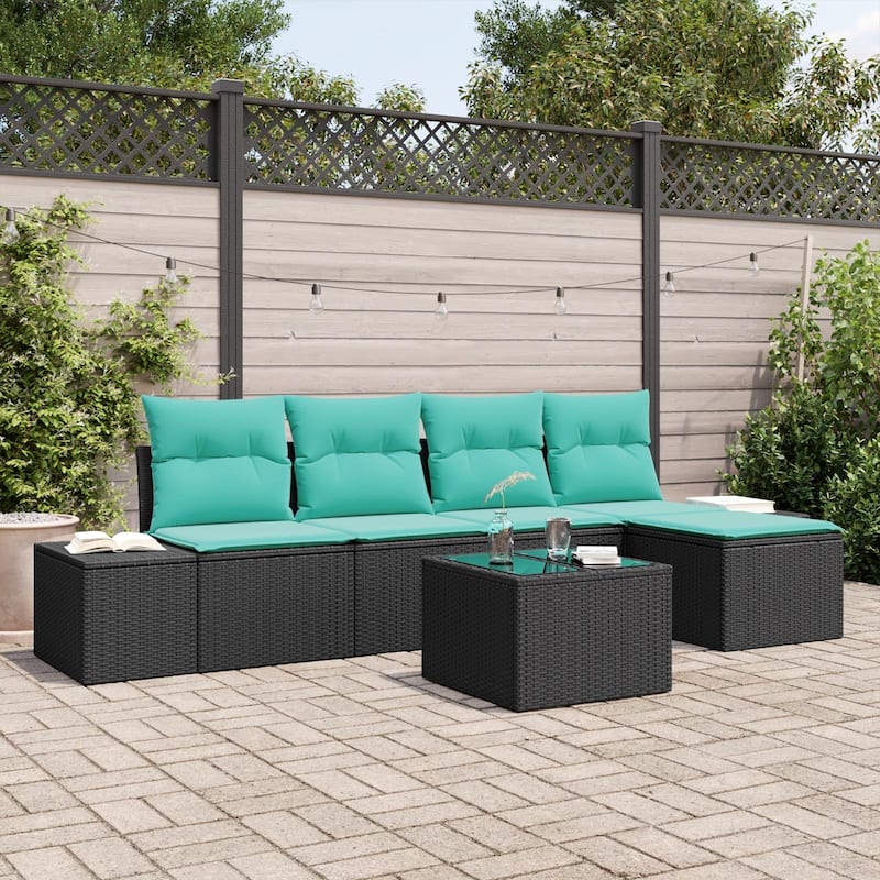 vidaXL 6 Garden Sofa Set with Cushions Black Poly Rattan - 115.7 x 46.1 x 27.2 - Black with table