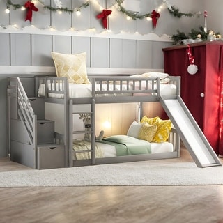 Elegant Stairway Twin over Twin Bunk Bed with Two Drawers, Convertible Ladder and Slide, Save Space or Split Into 2 Beds