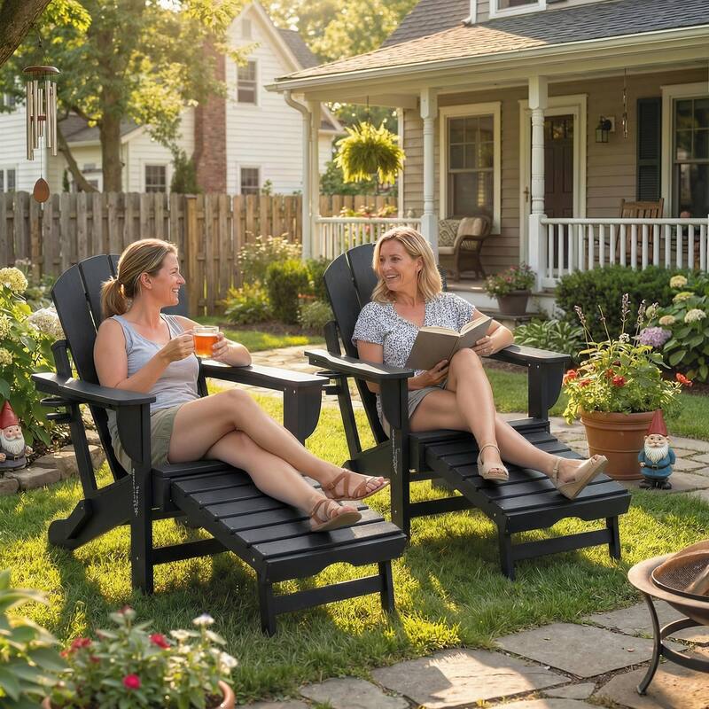 Outsunny Folding Adirondack Chair Set of 2, Outdoor HDPE Fire Pit Chair with Retractable Ottoman