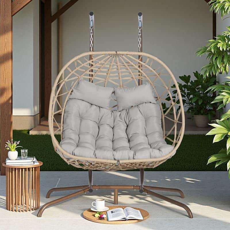 Double Rattan Egg Chair with Stand and UV-Resistant Cushions and Iron Frame - Outdoor Hanging Swing (600lb Capacity)
