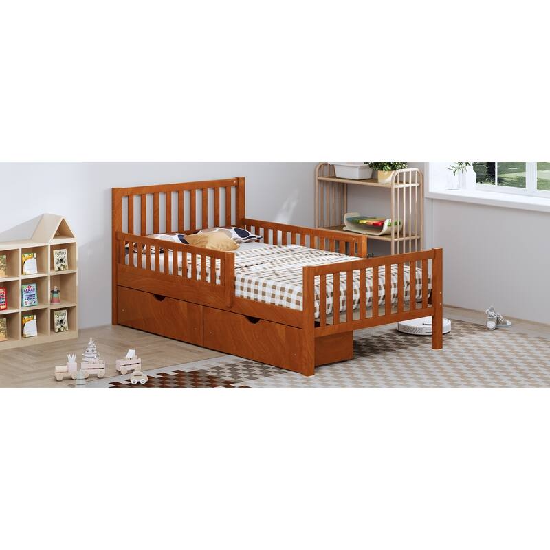 Twin Size Wood Platform Bed with Guardrails on Both Sides and Two Storage Drawers, Walnut