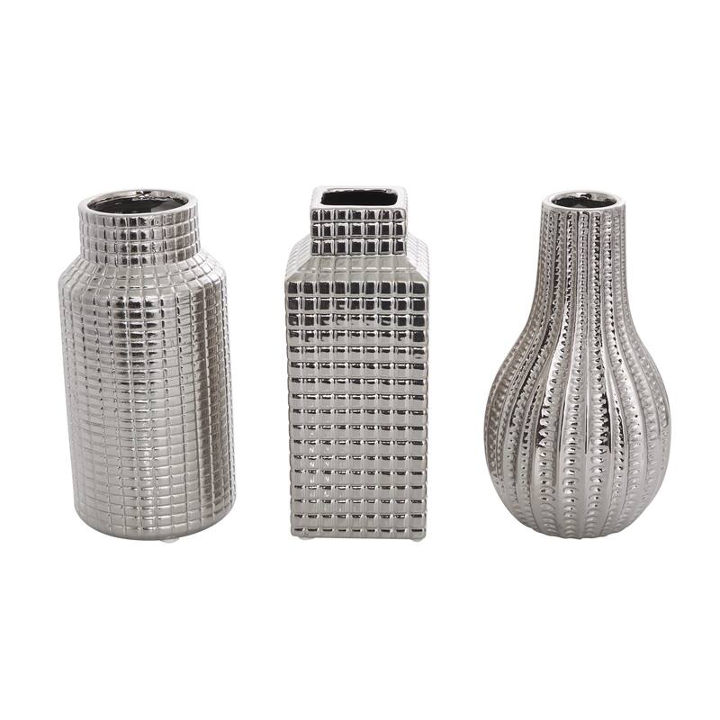 Ceramic Geometric Dimensional Textured Decorative Vase with Varying Shapes - Set of 3 Gold, Silver, Cream - Roche River Decor - Silver - 3"W, 8"H