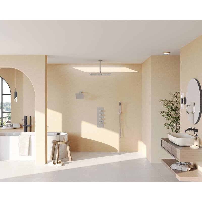 Dual Heads 16" Rainfall & High Pressure 6" Shower System w/ 3 Way Thermostatic Faucet 