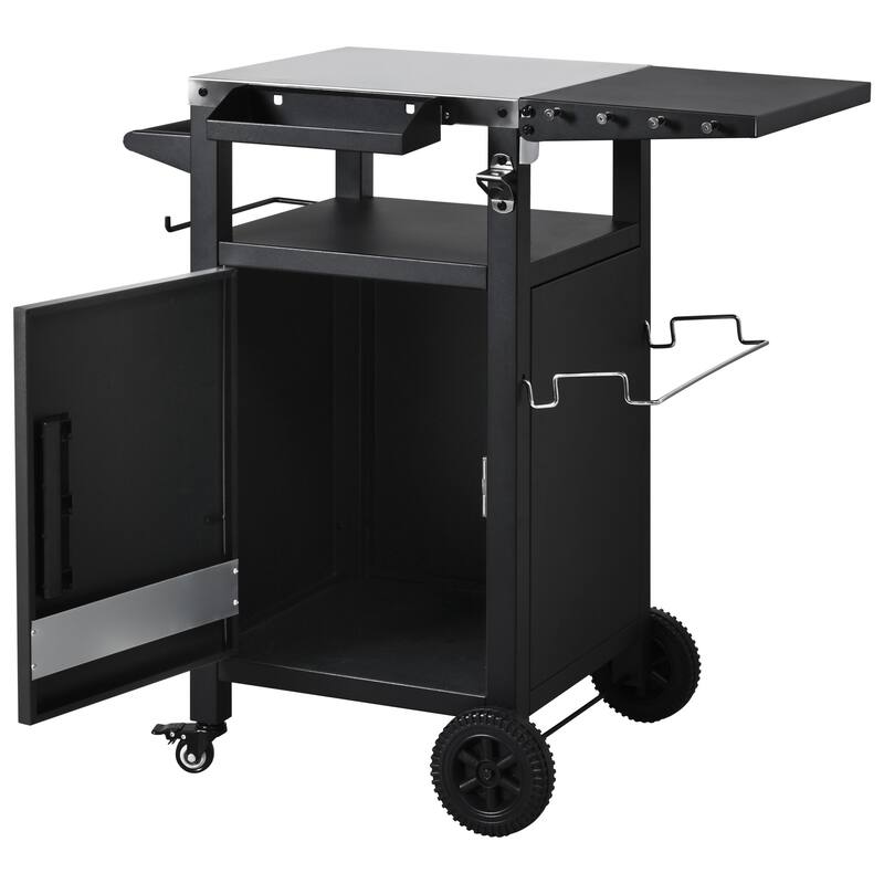 33.9"Outdoor Grill Cart with Drop Leaf,Metal Bar Cart Pizza Oven Table with Wheels,with Storage Cabinet & Spice & Paper Rack