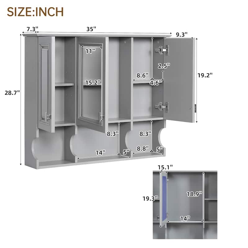35'' x 28'' Wall Mounted Bathroom Cabinet, Modern Bathroom Wall Cabinet with Mirror and Open Shelves
