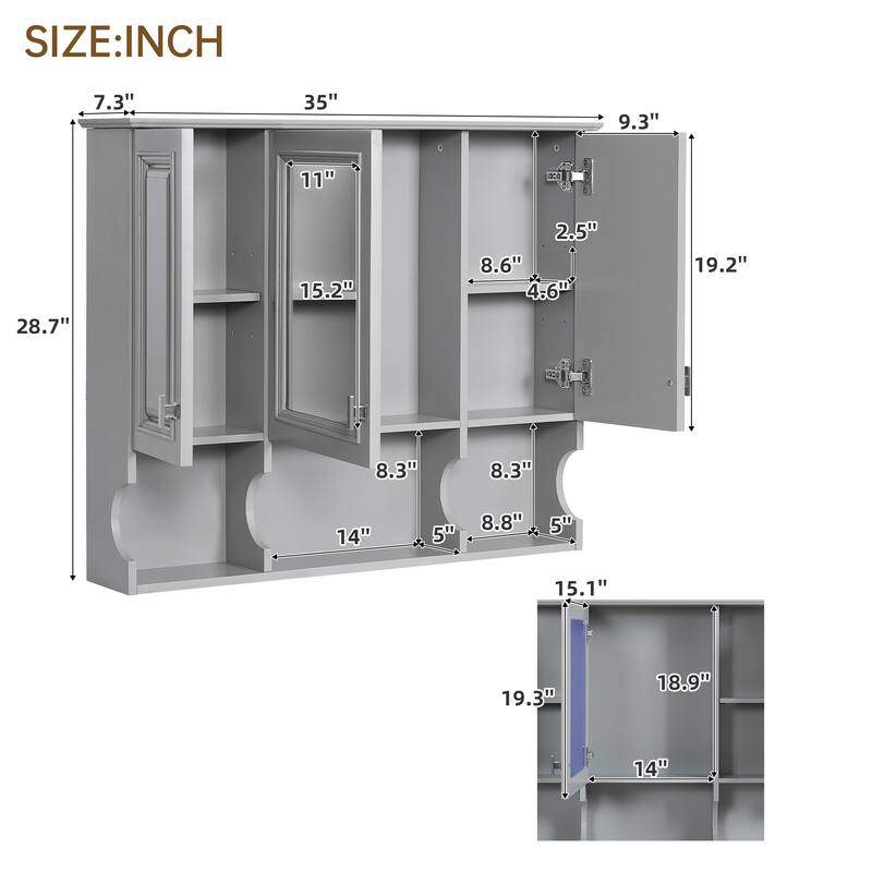 35 Inch Bathroom Mirror Cabinet, Wall Mounted Medicine Cabinet with 3 Doors and Open Shelves, Modern Storage Organizer