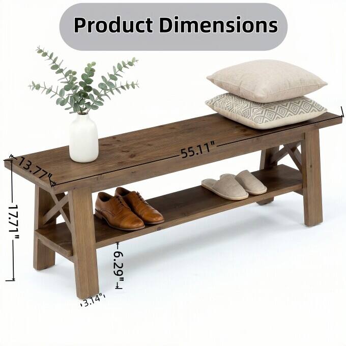 55-Inch Rustic Solid Wood Shoe Storage Bench for Entryway & Bedroom