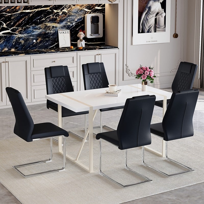 7-Piece Modern Dining Table Set with 6 Upholstered Chairs, Silver Metal Legs
