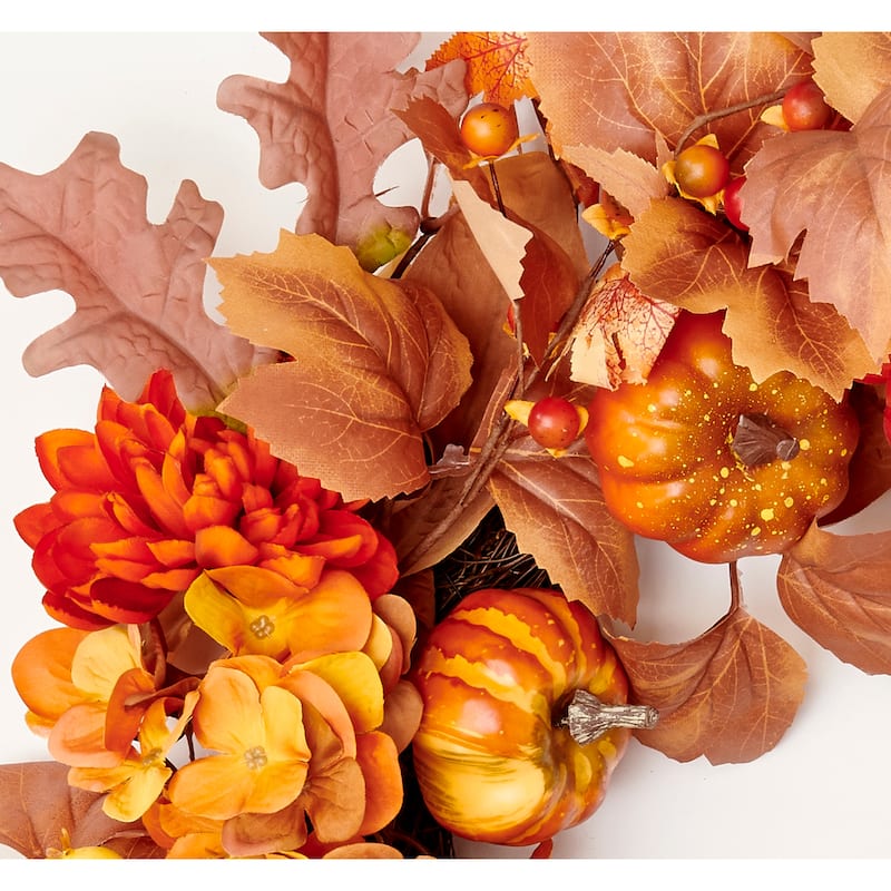 24" Fall Flowers Pumpkin Berries Wreath on Natural Twig Base