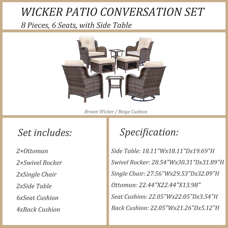 8-piece Outdoor Wicker Patio Furniture Swivel Chairs Sets with Ottoman