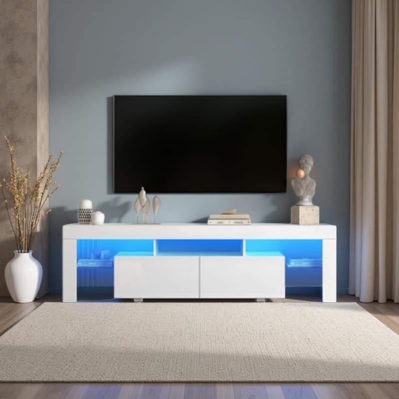Modern High Gloss TV Stand for TVs up to 65'' with LED Lights, 16-Color LED Backlighting and Adjustable Brightness