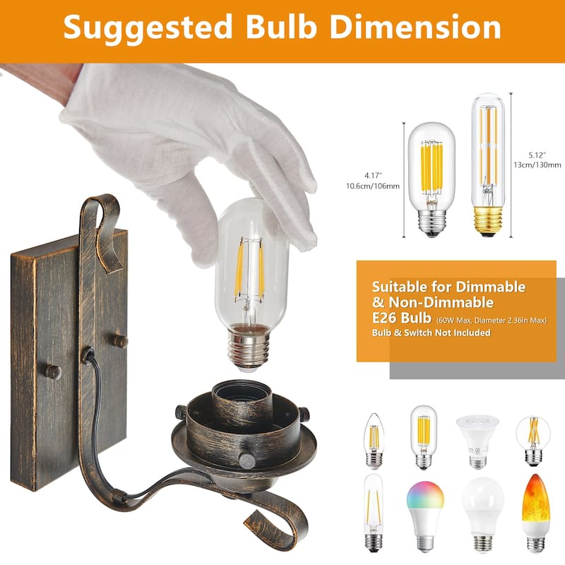 Set of 2 Rustic Farmhouse Wall Sconces, Vintage Industrial Plug-in Wall Lights