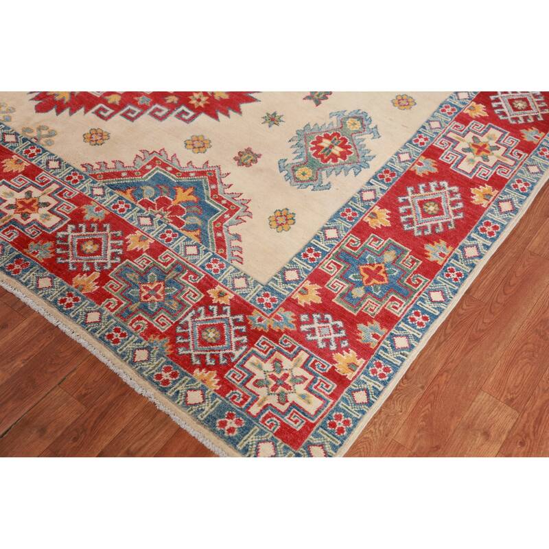 Hand Knotted Oriental 100% Wool Carpet Traditional Geometric Beige & Ivories Kazak Area Rug - 11' 0'' X 7' 9''