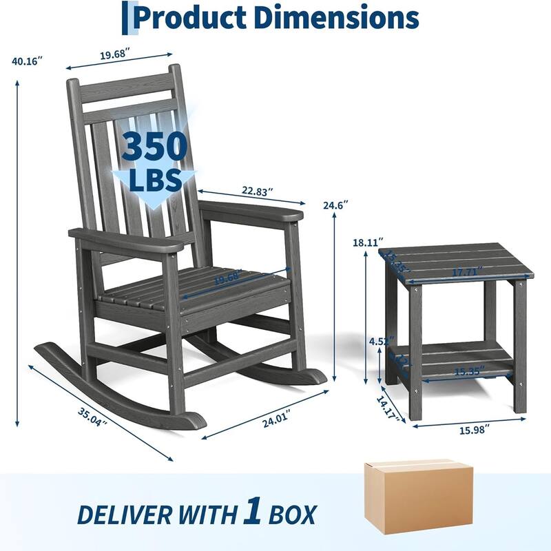 2-Piece HDPE Rocking Chair Set with Table All-Weather High-Back Porch Rockers for Adults Black