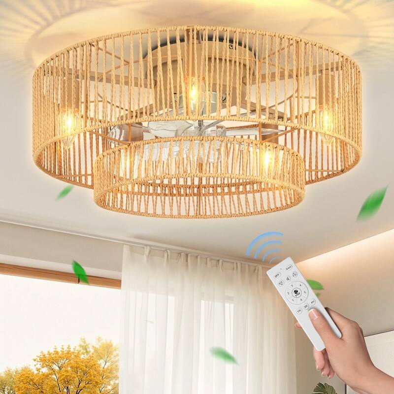 20 in. Indoor Khaki Kraft Paper Rope Cage Ceiling Fan with Lights and Remote Control, Flush Mount Fandalier for Bedroom -  Khaki - Remote