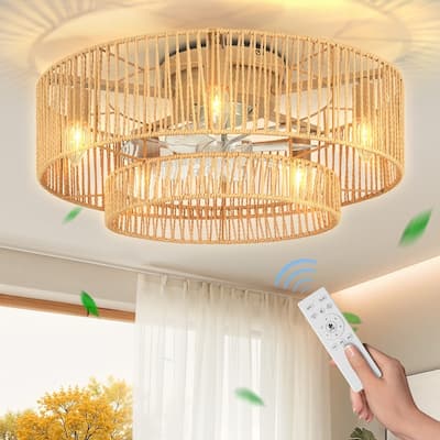 20 in. Indoor Khaki Kraft Paper Rope Cage Ceiling Fan with Lights and Remote Control, Flush Mount Fandalier for Bedroom