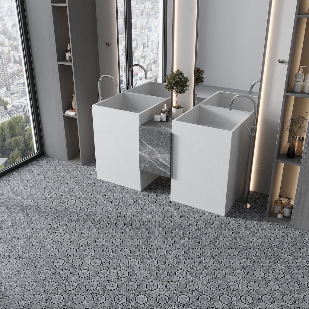 Apollo tile 11 x 12 Stellare Honed Charcoal Gray Black Terrazzo, Limestone Marble Tile (4.38 sq ft/case) - 5 Pack