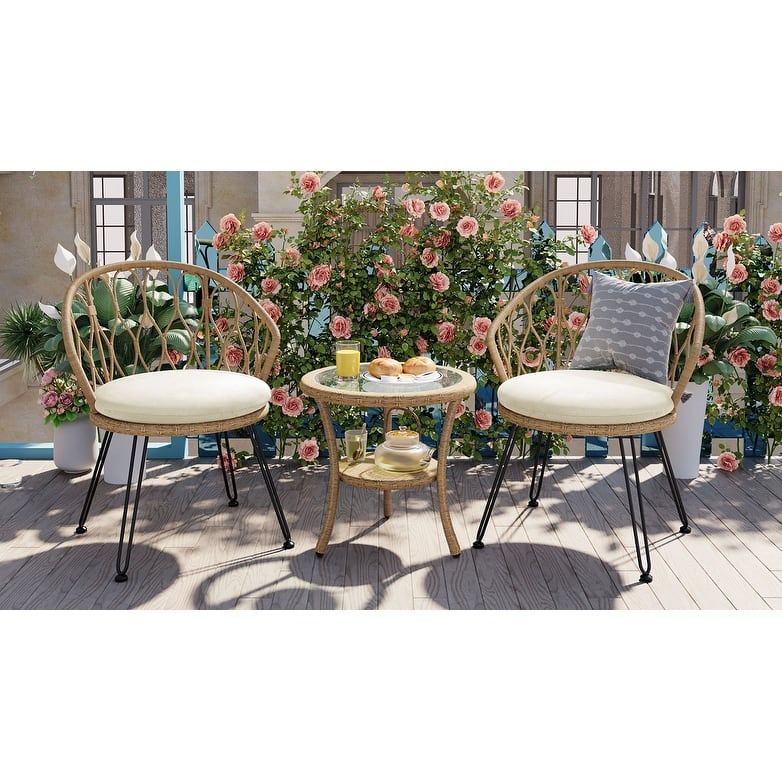 3 Pieces Rattan Bistro Set with A Glass Round Table for Patio - Beige
