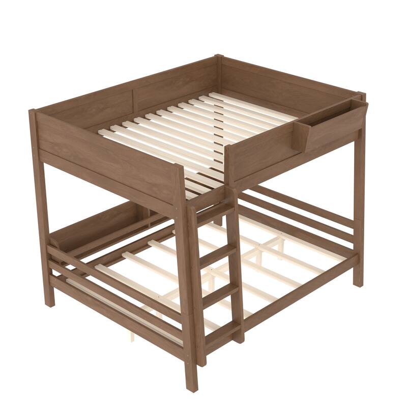 Queen Bunk Bed With Storage Shelf and Bookshelf,Wood Bunk Bed with Ladder and Guardrails,Detachable Design