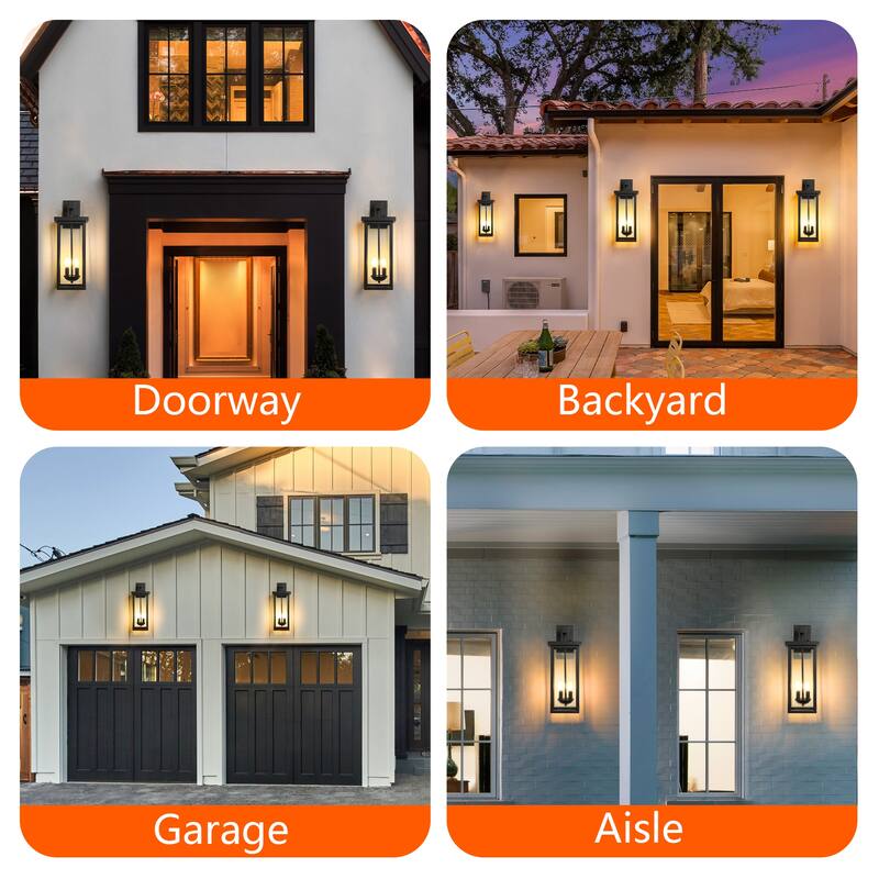 2-Pack 22.0" Outdoor Wall Lantern with Dusk to Dawn Sensor, Matte Black Finish, Clear Glass Panels, Weatherproof