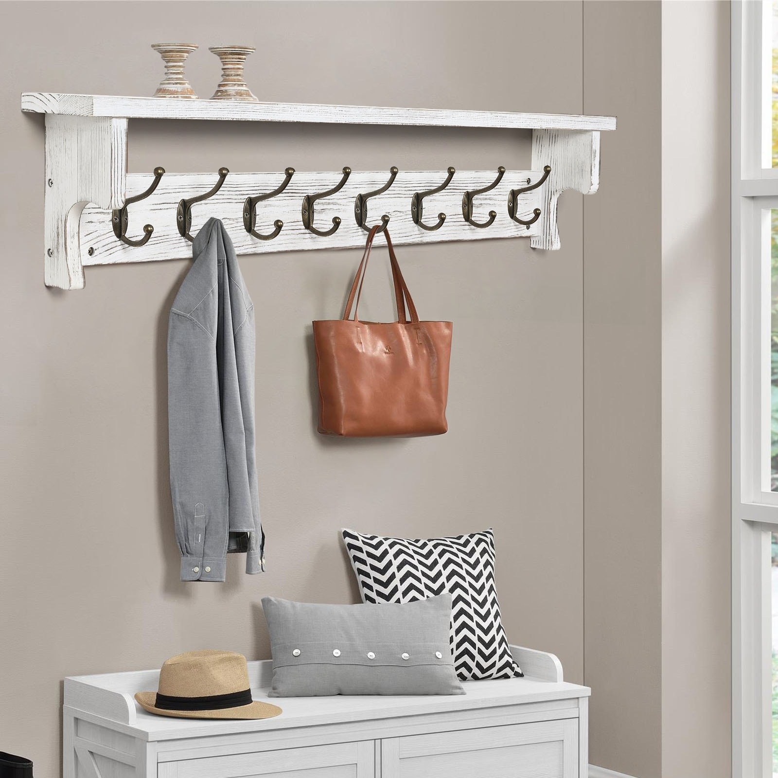 White Wall Shelf Coat Rack With Hooks And Shelf Kathy Ireland