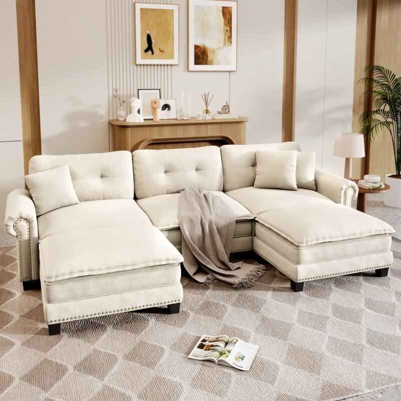 MAISON ARTS Mid-Century Modern Oversized L/U Shaped Cloud Couch with Ottoman, Deep Seat Sectional Sofa with Throw Pillows - U-Shaped White Chenille(5-Seater)