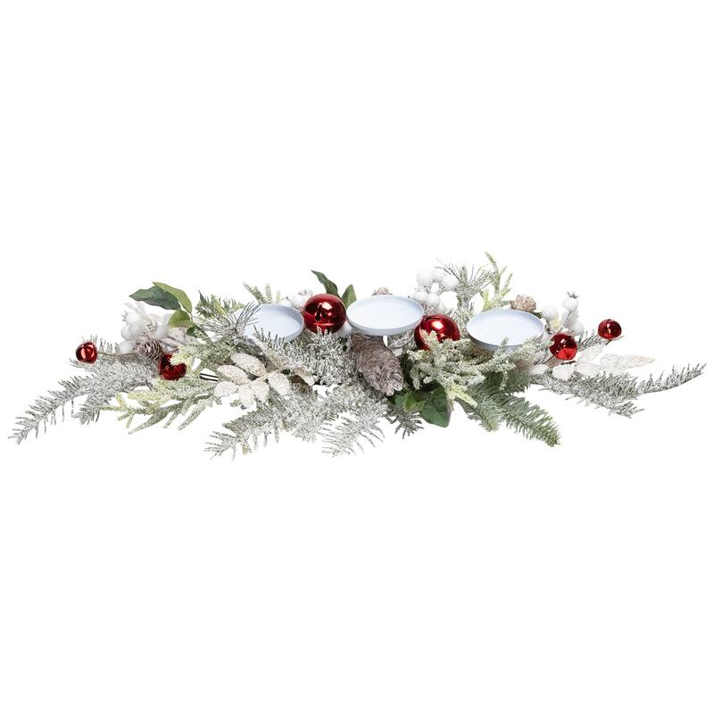 Frosted Winter Greenery and Jingle Bells Christmas Pillar Candle Holder - 28"