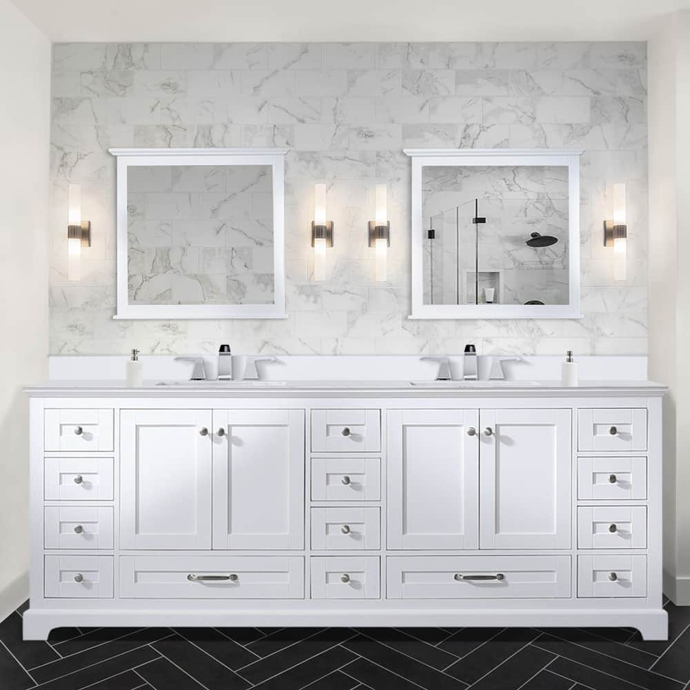 Dukes 84 in. W x 22 in. D White Double Bath Vanity, Cultured Marble Top, Faucet Set, and 34 in. Mirrors