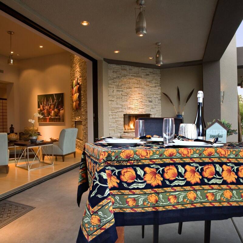 Affluent French Country Floral Cotton Tablecloth Square, Rectangle - 60 x 60 in - Black Amber