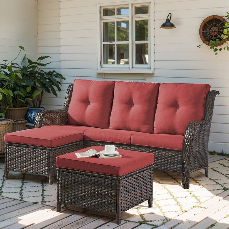 Outdoor 3-Piece Wicker Sofa Set with Ottoman - Brown - Red