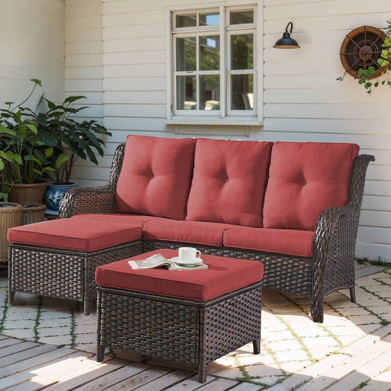 Gymojoy Patio Wicker 3-Seat Sofa with Ottoman - Brown - Red