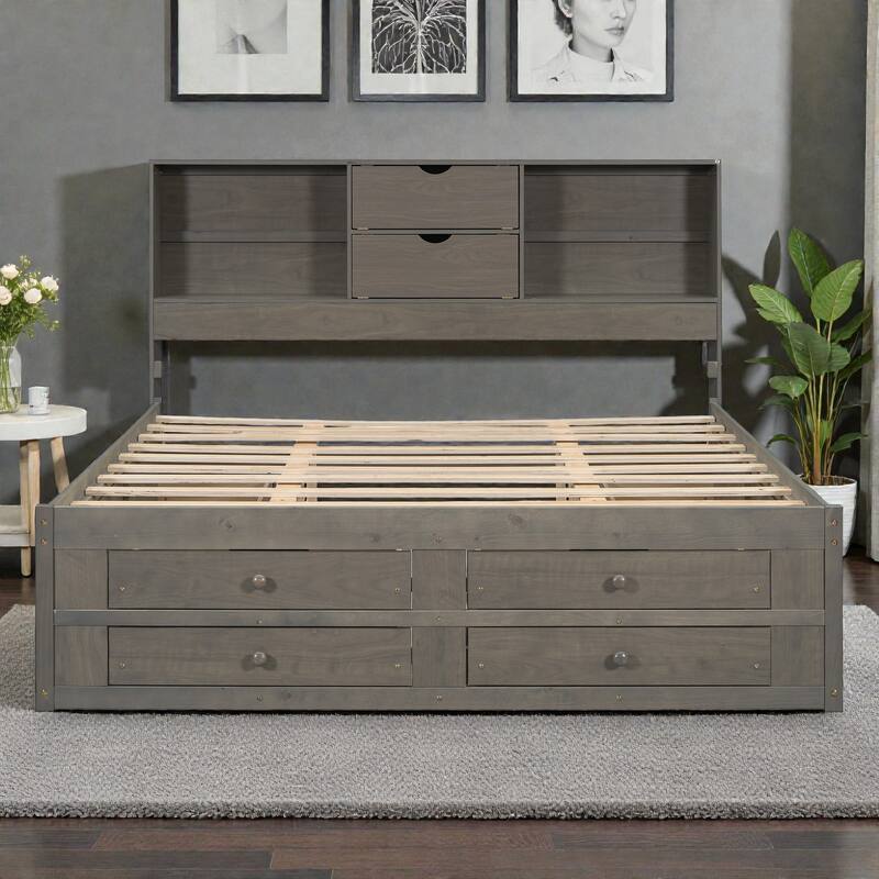 Platform Bed with Headboard Storage and 8 Drawers, Wood Bed Frame with Shelves and No Box Spring Needed